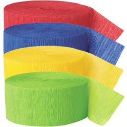Red, Royal Blue, Yellow & Lime Green Crepe Streamers - 4 Pk