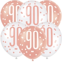 Rose Gold Glitz 90th Birthday Large Latex Balloons - 6 PK