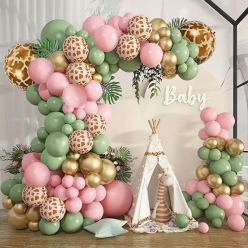 Safari Pink, Sage Green and Giraffe Print Balloon Garland