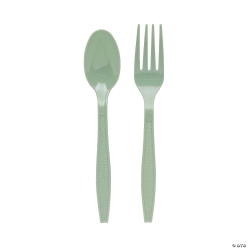 Sage Green Plastic Fork & Spoon Cutlery Sets - 8 Sets