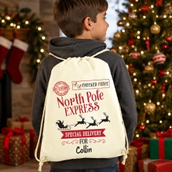 North Pole Express Write-On Drawstring Backpack