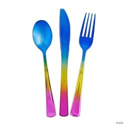 Rainbow Metallic Fork,Knife and Spoon Cutlery Sets-24Pk