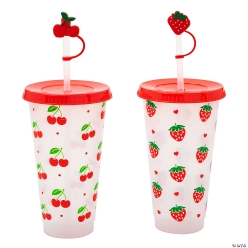 Cherry & Strawberry Plastic Straw Cups with Toppers-6Pk