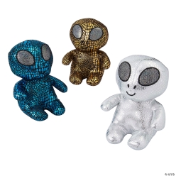 Metallic Gold, Silver & Blue Plush Alien Characters-12Pk