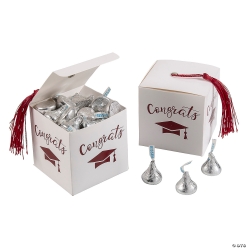 Burgundy Grad Tassel Favour Boxes w/ Silver Kisses for 25