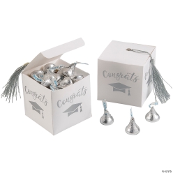 Silver Grad Tassel Favour Boxes w/ Silver Kisses for 25