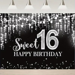 Sweet 16 Birthday Black and Silver Sparkle Fabric Backdrop