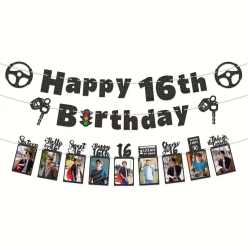 Happy 16th Birthday Driver's License Black Glitter Photo Banner