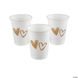 White with Gold Hearts Platic Cups - 50Pk