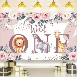 Wild One Boho Pink Safari Animals Big Fabric Keepsake Backdrop