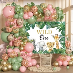 Wild One Safari Girl Pink & Green Balloon Arch w/ Backdrop 87pcs