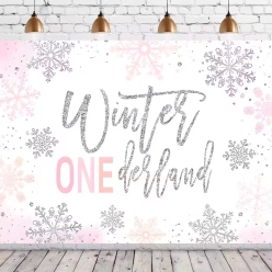 Winter Onederland Pink & Silver Snowflake Fabric Backdrop