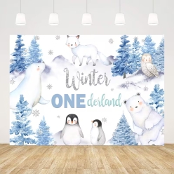 Winter Onederland 1st Birthday Blue Fabric Backdrop 180 x 110 cm