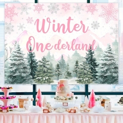 Winter Onederland Pink w/ Evergreen Trees BIG Fabric Backdrop