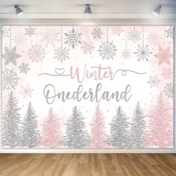 Winter Onederland Pink & Silver 7.5FT Fabric Backdrop