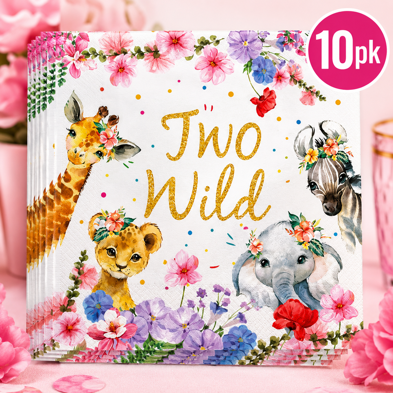 Two Wild Pink Safari Lunch Napkins- 10PK