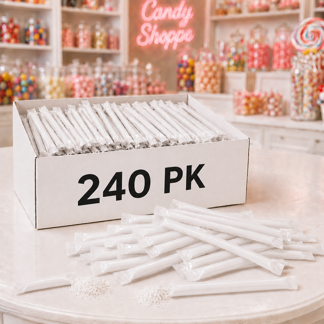 White Fruit Flavour Candy-Filled Straws - 240 Pk