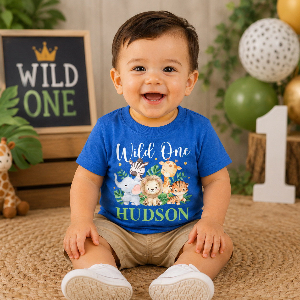 Safari Wild One Boy Personalized Blue T-shirt