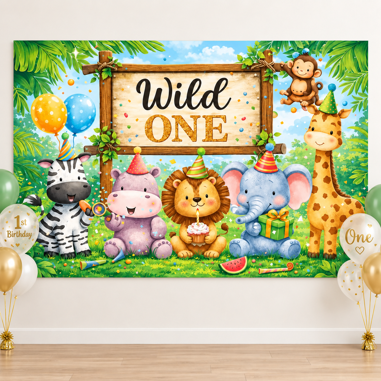 Wild One Safari 1st Birthday Fabric Backdrop 150 x 100 cms