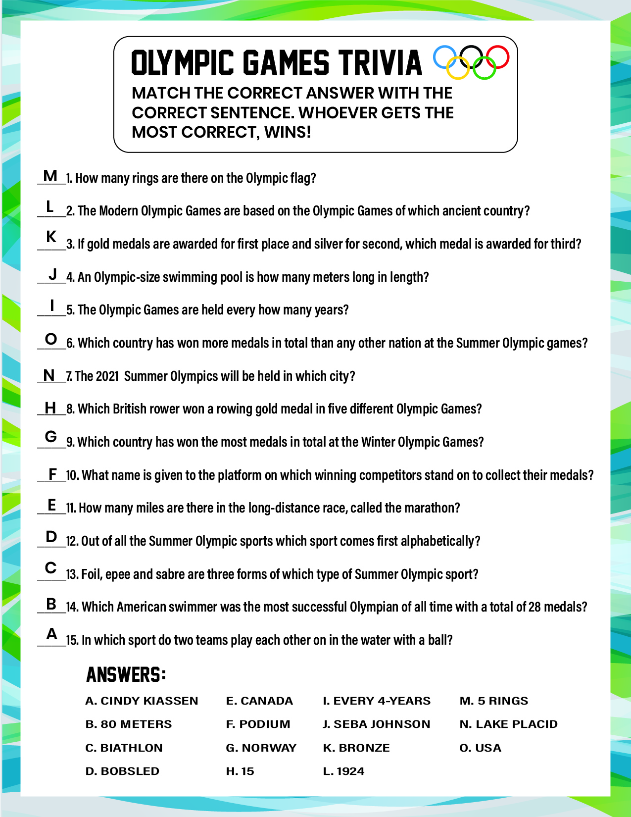 50 OFF Winter Olympics Trivia Activity Sheet Party Supplies Canada