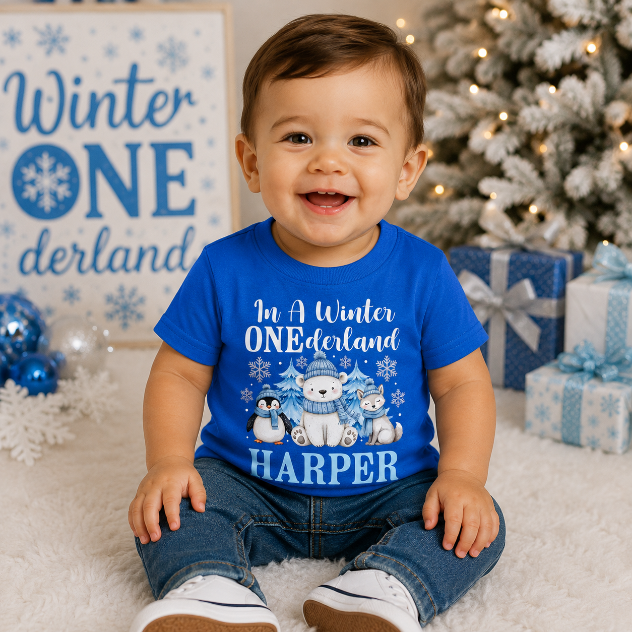 Winter Onederland 1st Personalized Name Blue T-shirt