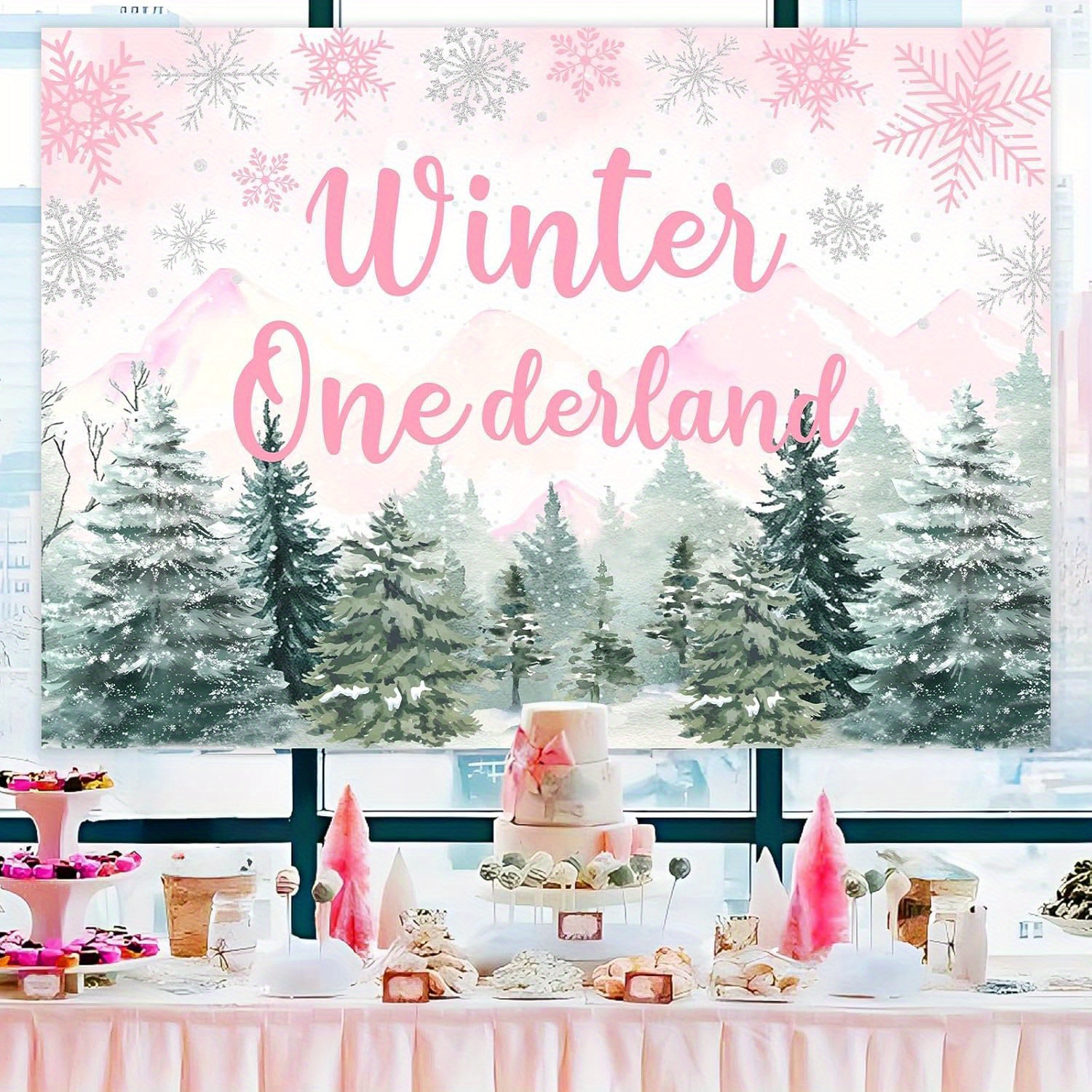 Winter Onederland Pink w/ Evergreen Trees Fabric Backdrop