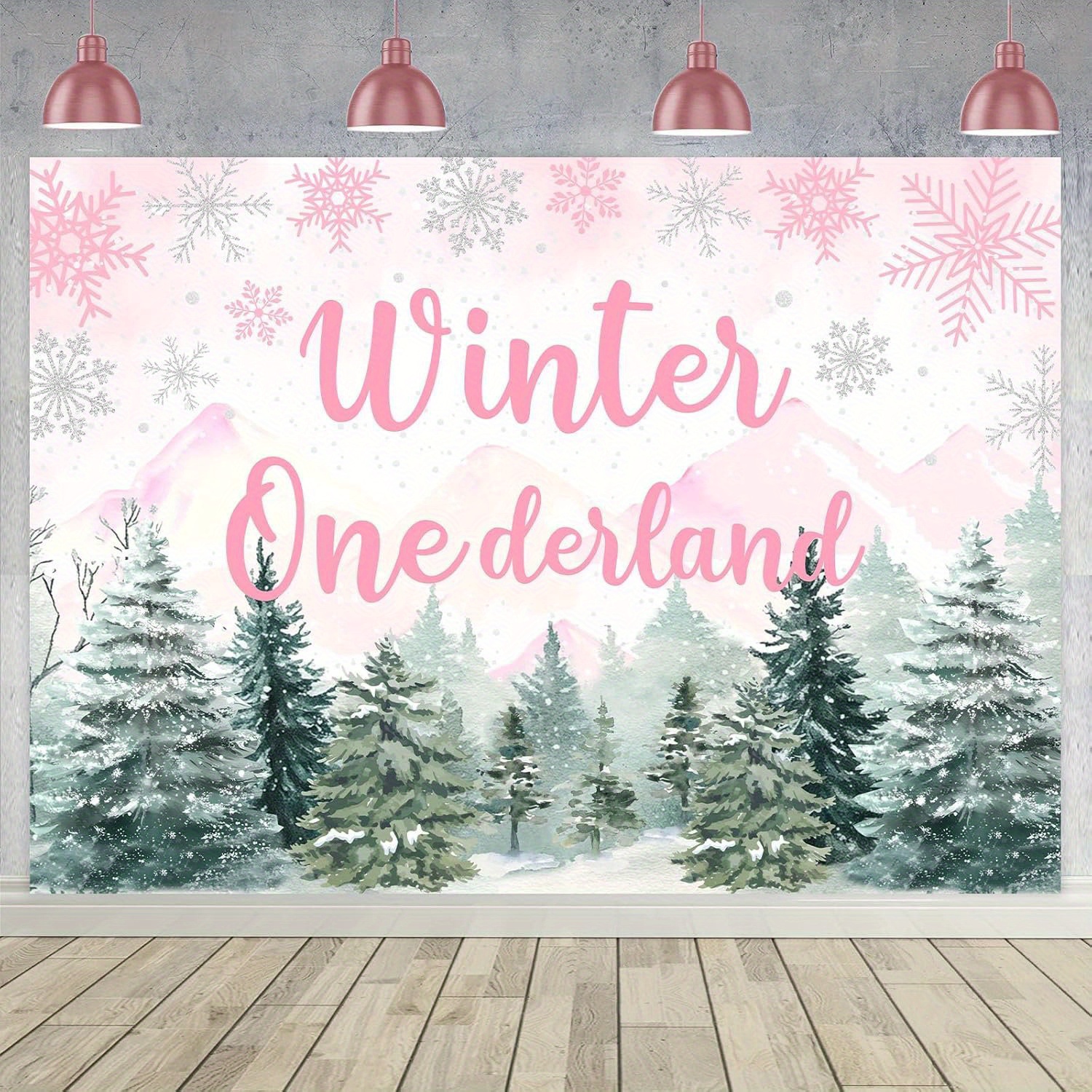 Winter Onederland Pink w/ Evergreen Trees Fabric Backdrop