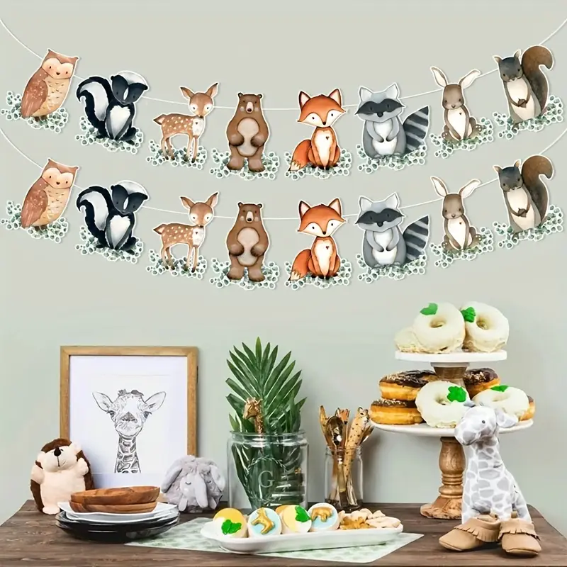 Woodland Animals Buffalo Plaid Happy Birthday Banner